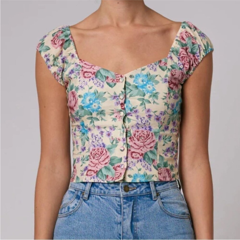 Rolla's Emmy Rosette Top Blouse Floral Print Square Neck Crop Size XL NWOT